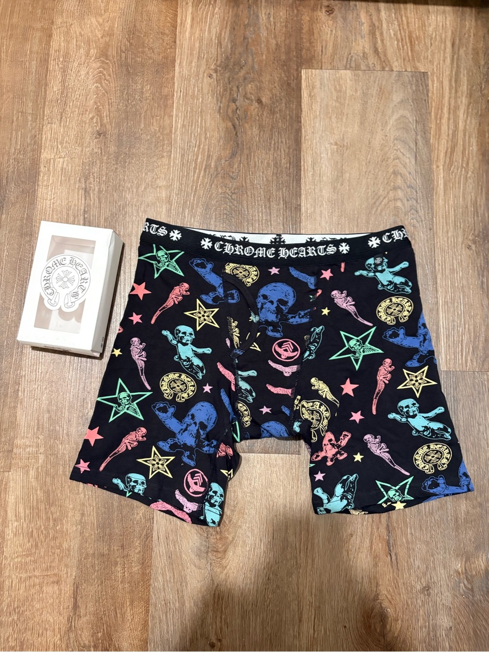 Chrome Hearts Black Boxer Briefs with Multicolor Skull & Star Print